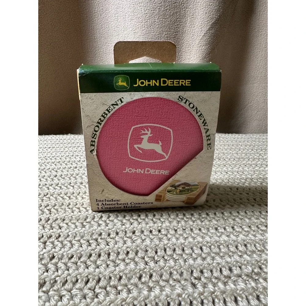 John Deere Pink Absorbent Stoneware Coasters with Wood Holder 5 Piece Set